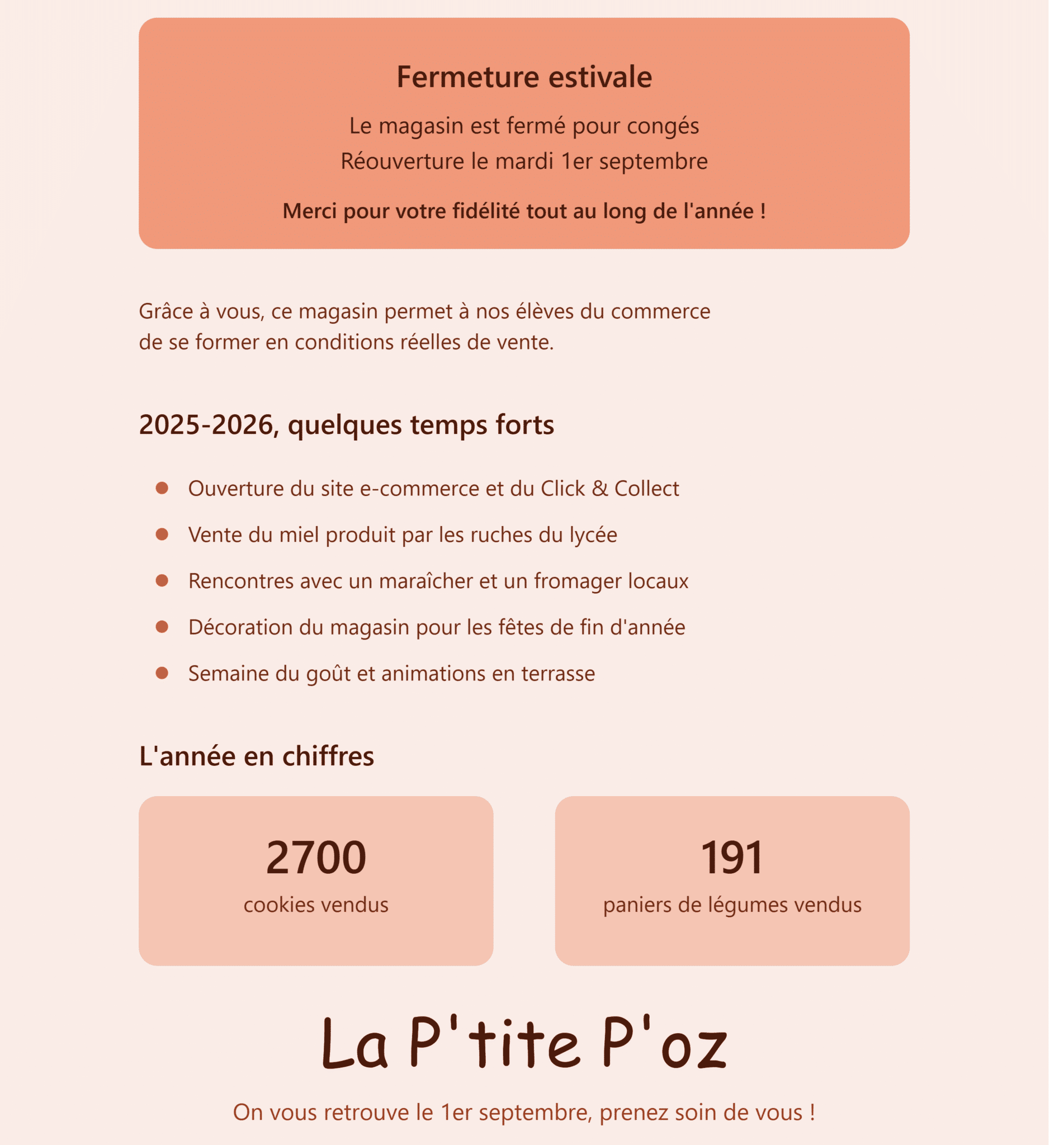 Fermeture magasin pour congés d'été